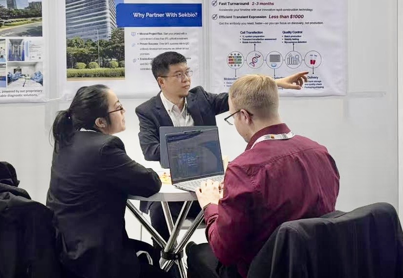 Sekbio team in deep technical discussion with a European IVD client at Medica 2025 Düsseldorf booth